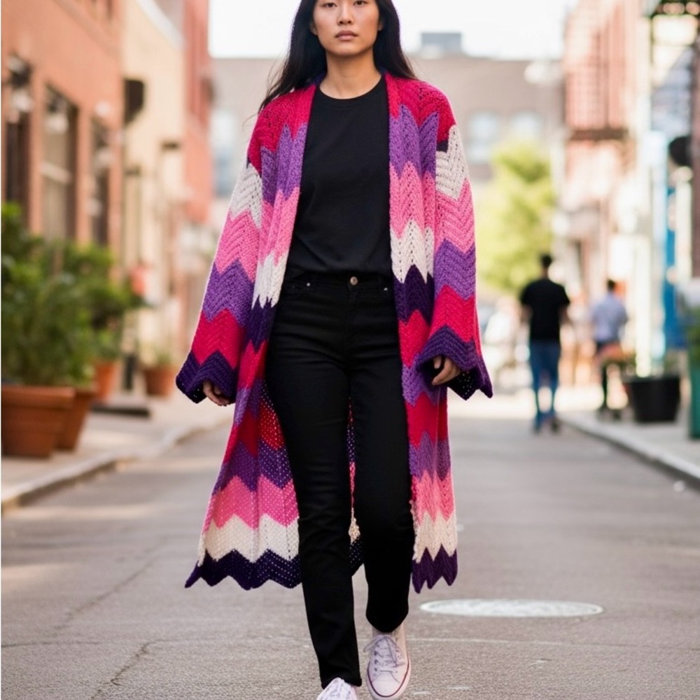 Handmade Purples, Red, Pink, White Chevron Knit Women's Cadigan - Picture 2 of 15